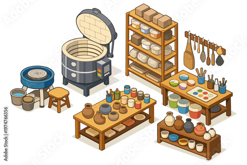 Isometric pottery studio setup with kiln, wheel, shelves, and tools