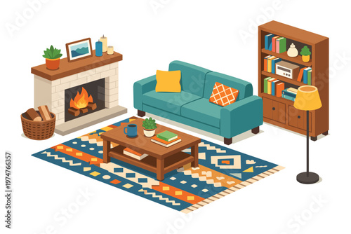 Cozy isometric living room scene with fireplace, sofa, and bookshelf