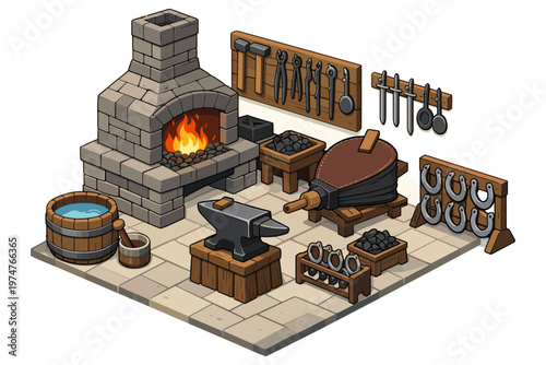 Isometric blacksmith workshop with forge, anvil, tools, and horseshoes