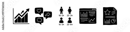 Set of hand-drawn business and marketing icons including a growth chart, social media engagement symbols, demographics, data dashboard, and report document. Minimalist black doodle style.
