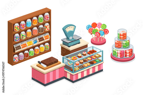 Isometric candy store with shelves, display cases, and sweets