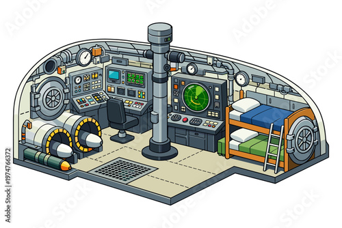 Inside a cartoon submarine control room with bunks and torpedoes