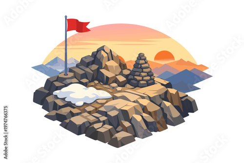Summit of a rocky mountain with a red flag and cairn at sunrise