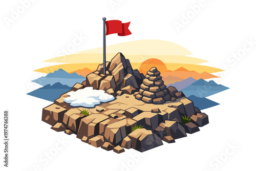 Red flag planted on a rocky mountain summit at sunrise, symbolizing achievement