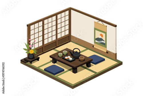 Traditional Japanese tea room interior with tatami mats and Mount Fuji scroll