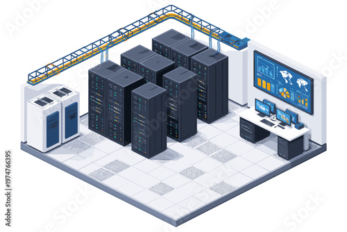 Modern data center with server racks, cooling units, and monitoring station