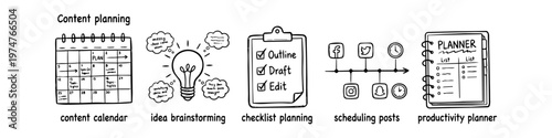 Hand-drawn doodle set for content planning, featuring a content calendar, idea brainstorming lightbulb, checklist, social media post scheduling timeline, and a productivity planner notebook.