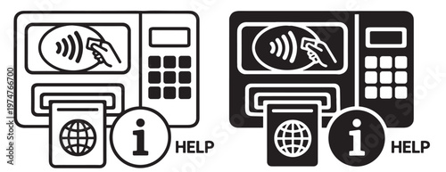 contactless payment terminal with help support information icon and card tap nfc reader vector icon set on transparent background