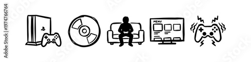 Hand-drawn black and white video game icons featuring a console, controller, gamer on a sofa, and TV menu screen. Minimalist doodle style for gaming, technology, and lifestyle content.