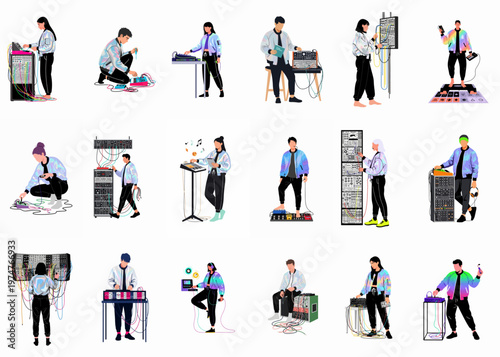 Collection of flat illustrations showing young musicians and DJs performing with modular synthesizers and electronic music gear.