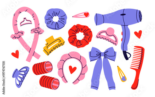 Collection of various hair accessories and styling tools. Scrunchies, claw clips, barrettes, hair curlers, a headband, a hairdryer, a comb and a bow. Flat vector illustration.