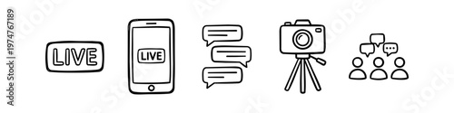 Hand-drawn live streaming icons set including camera on tripod, smartphone, live badge, chat bubbles, and audience. Minimalist vector doodle for social media and video content creators.