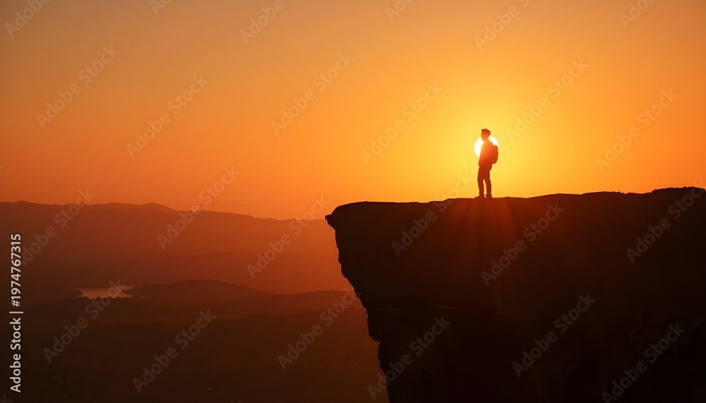 Fototapeta premium A lone person stands on a cliff edge at sunset overlooking a vast landscape