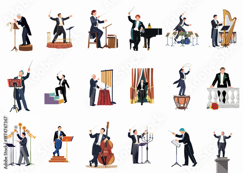 Collection of flat illustrations depicting various orchestra conductors and musicians in formal tuxedos performing with instruments in different settings.