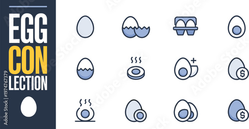 Set of egg vector icons featuring whole eggs, cracked shells, cartons, fried eggs, and price tags for food retail and cooking.