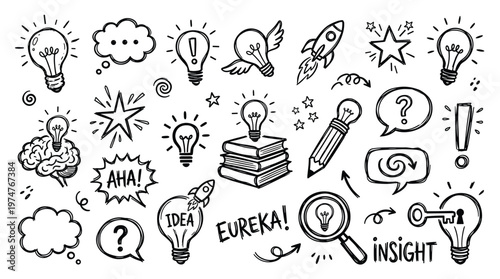 Collection of hand-drawn doodle icons representing ideas innovation inspiration creativity problem solving and success with lightbulbs books rockets and speech bubbles