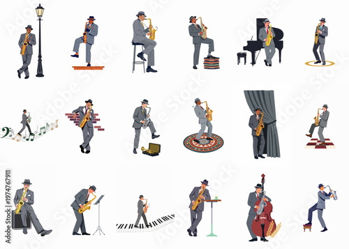 Large collection of vintage-style illustrations featuring jazz musicians in pinstripe suits playing saxophone and double bass in various classic settings.