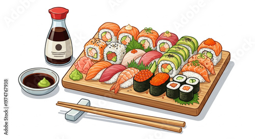 A platter filled with a diverse assortment of fresh Japanese sushi, including various maki rolls, nigiri, and sashimi, accompanied by soy sauce and chopsticks