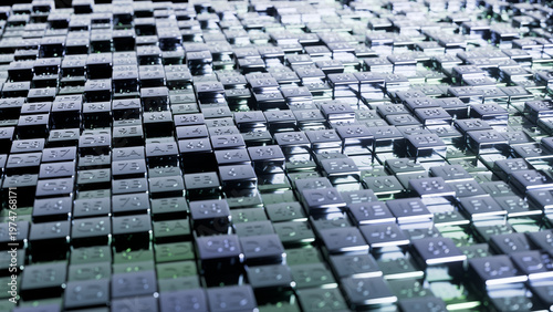 3d rendered image of a collection of metallic cubes, each with an 8 bit hexadecimal number imprint.  Could be used to represent memory or any generic computing memory.
