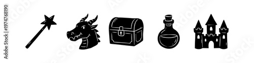Set of fantasy icons featuring a magic wand, dragon head, treasure chest, potion bottle, and medieval castle. Hand-drawn silhouette style for RPG games, fairytales, and adventure designs.