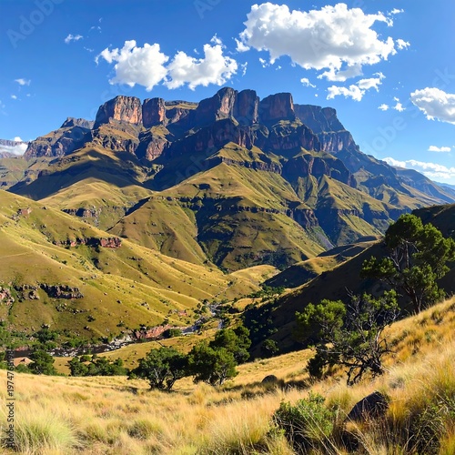 A serene mountain landscape with rolling hills and scattered trees