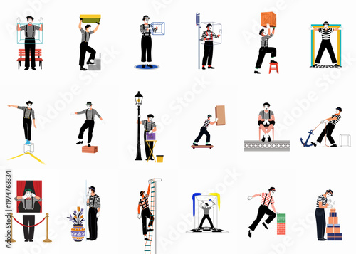Collection of mime artist character illustrations in various comedic poses and scenarios, performing pantomime acts against a white background.
