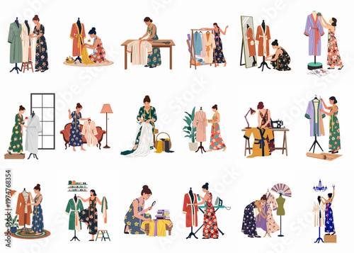 Flat illustration set of female fashion designers and seamstresses working in a tailor studio, measuring, sewing, and fitting handmade robes and garments.