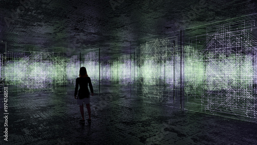 3d rendered abstract image of a woman in a large concrete room full of surreal illuminated circuit like structures that are etched into glass.