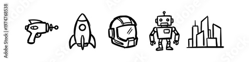 Minimalist hand-drawn sci-fi icons set featuring a ray gun, rocket ship, astronaut helmet, vintage robot, and futuristic city skyline. Black ink doodle style on white background.