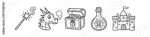 Set of fantasy doodle icons featuring a magic wand, dragon head, treasure chest, poison potion, and medieval castle. Hand-drawn black line art isolated on white background.
