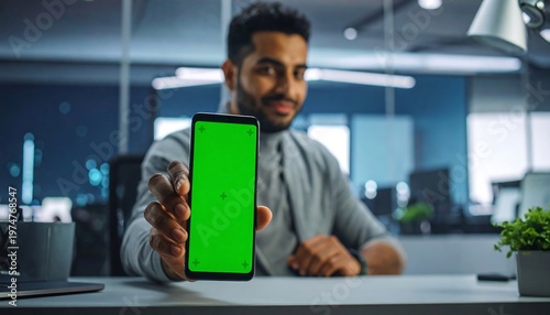 A smiling, dark-haired man extends a phone with a green screen toward the viewer. He sits at a desk in an office setting