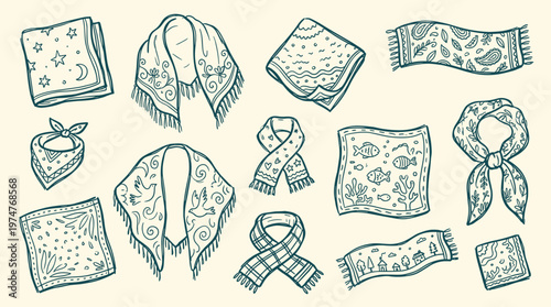 Collection of Hand Drawn Scarves and Bandanas with Various Patterns and Designs