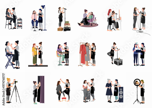 Collection of vector illustrations featuring professional makeup artists applying cosmetics to clients in various settings like studios, backstage, and homes.