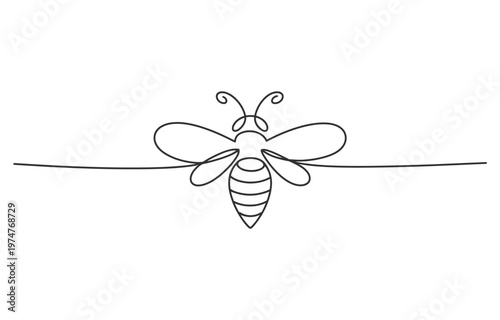 Continuous line drawing of a honey bee icon with wings and antennae on a white background.