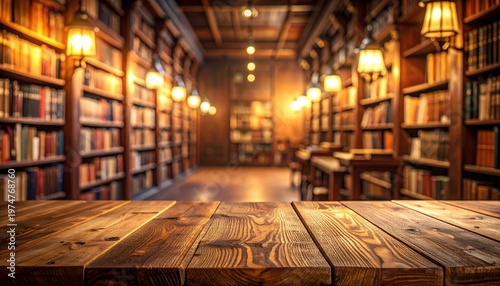 blurred background of a cozy library interior featuring long rows of old books neatly arranged on classic wooden shelves.