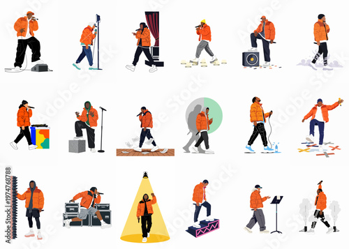 Collection of eighteen flat vector illustrations featuring a male hip-hop artist in various performance and studio poses wearing an orange puffer jacket.