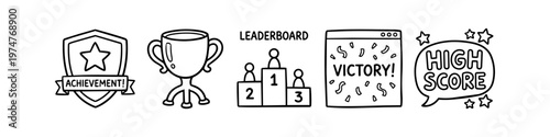 Hand-drawn vector icons for gaming achievements and competition, featuring a trophy, leaderboard, high score, victory window, and shield in a doodle line art style.