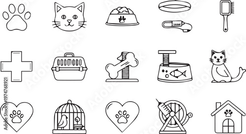 Pet Care and Domestic Animal Supplies Line Icons