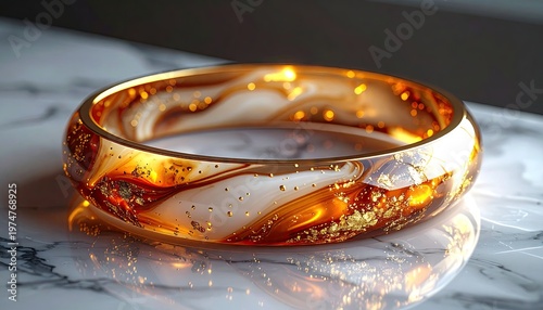 Elegant translucent amber glass bracelet with swirling white and gold flecks on a marble surface.