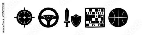 Set of minimalist black icons representing video game genres: FPS, racing, RPG, strategy, and sports. Flat vector designs for target, steering wheel, sword, chessboard, and basketball.