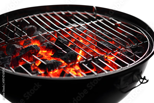 Burning charcoal grill with glowing embers isolated on transparent background