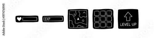 Hand-drawn doodle-style video game UI element set in black and white, featuring a health bar, experience bar, minimap, inventory grid, and level up button for game design assets.
