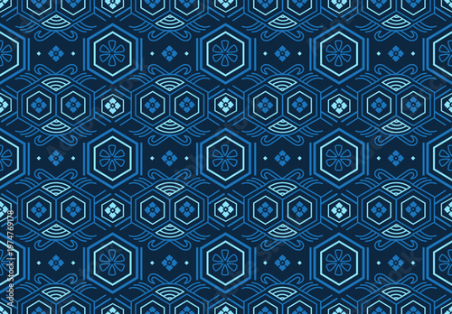 Blue Japanese Traditional Hexagon Seamless Pattern with Floral and Wave Elements.ai