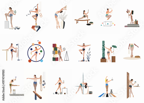 Collection of minimalist illustrations featuring women in artistic and athletic poses, including ballet, yoga, and gymnastics, with various props.