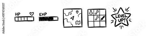 Hand-drawn doodle set of video game user interface elements including HP and EXP bars, map, inventory grid, and level up star icon on white background.