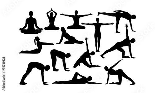 Collection of various yoga poses and postures in black silhouette