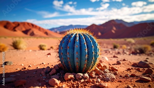 Striking blue barrel cactus stands alone in a vast arid desert landscape under a bright sunny sky.