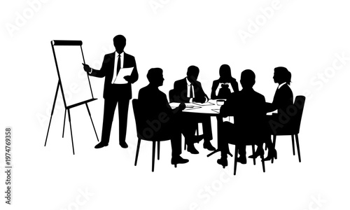 Business team meeting with presenter standing by whiteboard