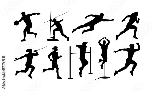 Collection of athletes competing in various track and field events in silhouette
