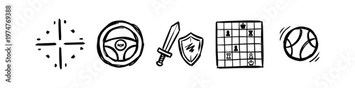 Hand-drawn black and white doodle icons representing video game genres: shooter crosshair, racing steering wheel, RPG sword and shield, strategy chess board, and sports ball.